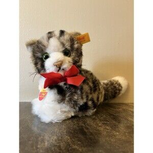 Steiff Snuffi Tabby Cat Plush Button Tag Green Eyes Bow Ribbon 6.5 Inch 077395